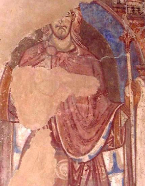 A twelfth-century wall-painting in the Galilee Chapel at Durham Cathedral depicting St Oswald. 